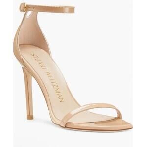 Stuart Weitzman Nudist Curve Nude Patent Leather Stilleto Sandals Womens 9.5 NEW